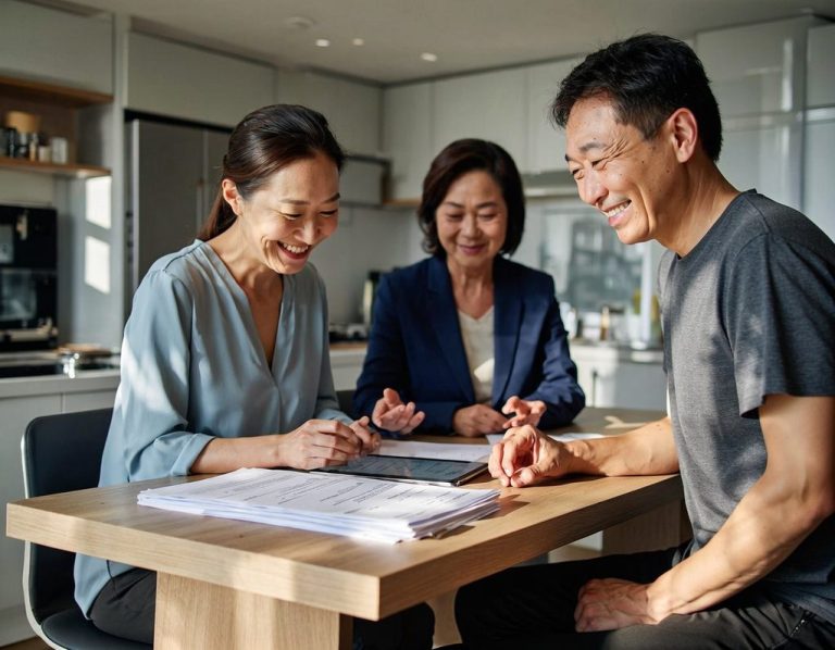 Real estate investors reviewing financing documents with a lending professional at a table. Real Estate Investment Financing Solutions